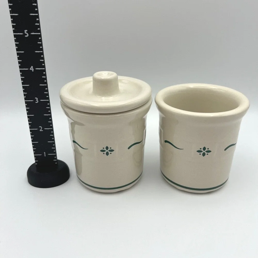 Longaberger Woven Traditions Heritage Green Condiment Crocks Set of 2 with 1 Lid